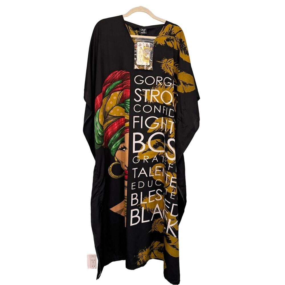 NF Kaftan One Size Kimono Beach Boho Colorful Print Loose Long Duster Black NWT